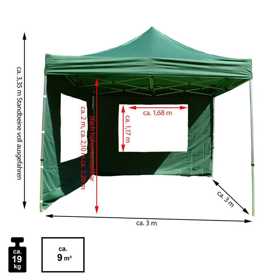 VCM PROFI Pavillon grün mit 2 Seitenteilen mit Fenster und Tragetasche B/H/L: 300 x 220 x 300 cm - Bild 3
