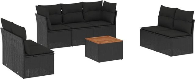 vidaXL 8-teilige Garten-Sofagarnitur in L-Form aus Polyrattan und Akazienholz mit Kissen in Schwarz - Bild 1