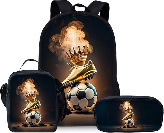 BAOERYE 3er Set Schultaschen-Set mit Fußball-Design, Rucksack, Brotdose und Federmäppchen für Kinder in Schwarz - Bild 1