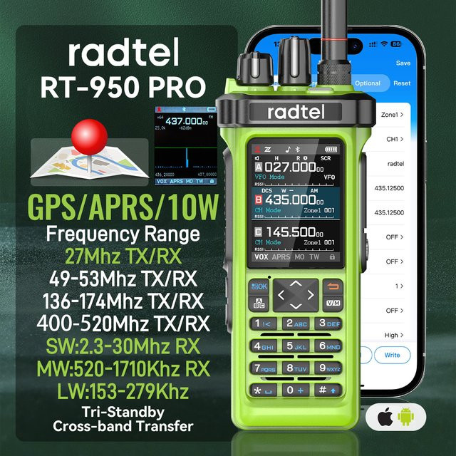 Radtel RT-950 PRO Walkie-Talkie in Grün mit GPS, APRS, Bluetooth und AM/FM/SSB-Empfänger für den Amateurfunk - Bild 1