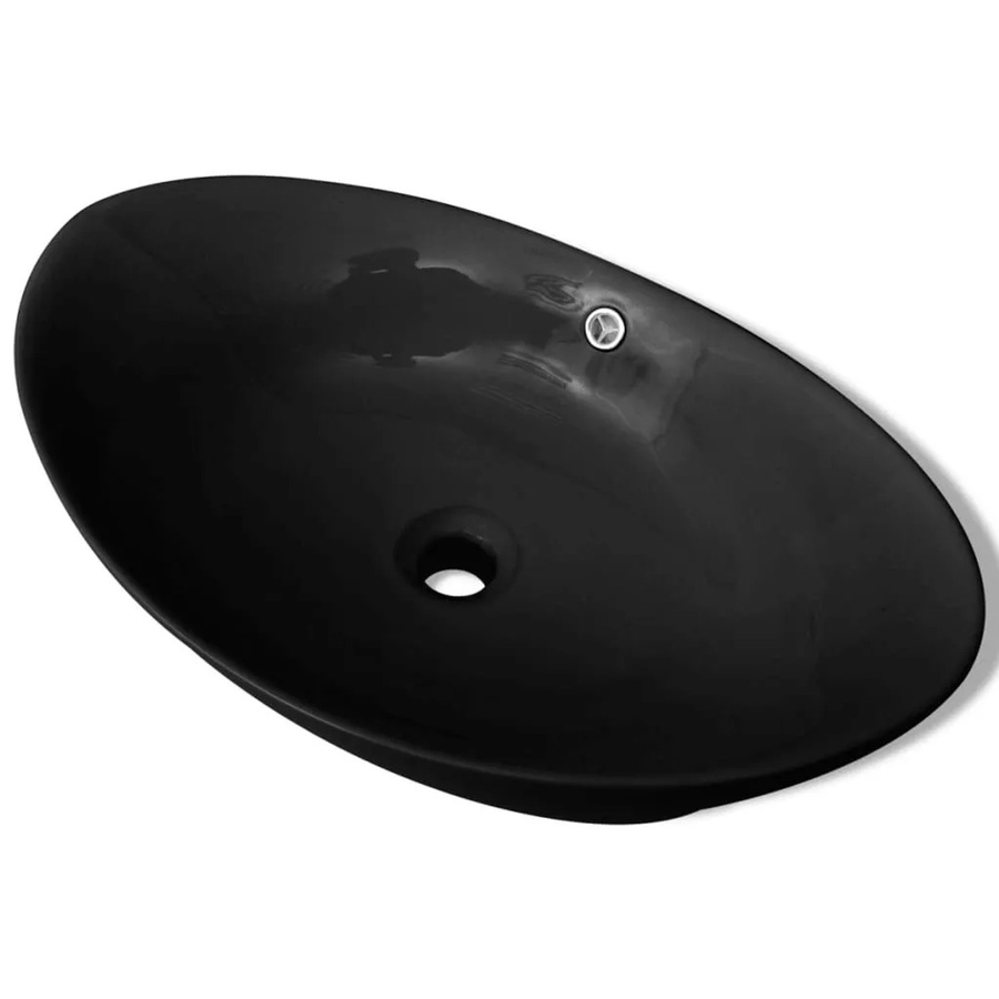 vidaXL Keramik Waschbecken Oval Schwarz mit Überlauf, Aufsatzwaschbecken, B: 59,0 cm, T: 38,5 cm, H: 19,0 cm - Bild 2