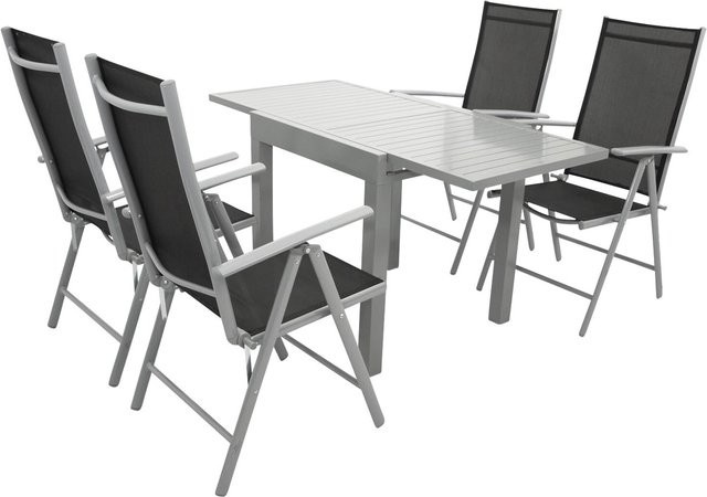 DEGAMO Gartenmöbel Garnitur TIRANA 5-teilig aus Aluminium in Silbergrau mit schwarzem Kunstgewebe und ausziehbarer Tischplatte - Bild 1