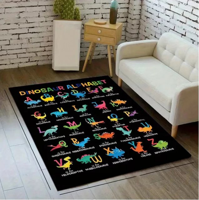 VIKAMA Plüschteppich mit Dinosaurier-Muster, rutschfester Kinderspielteppich in Multicolour für Schlafzimmer und Wohnzimmer - Bild 1