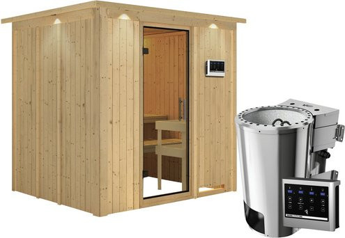 Karibu Sauna Olai aus Fichtenholz in Beige inklusive 3,6 kW Saunaofen mit externer Steuerung für 3 Personen, B/T/H: 184 x 202 x 210 cm - Bild 1