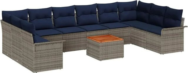 vidaXL Gartensofa-Set aus Poly-Rattan in Grau und Marineblau mit 11-teiliger U-Form und Polsterkissen - Bild 1