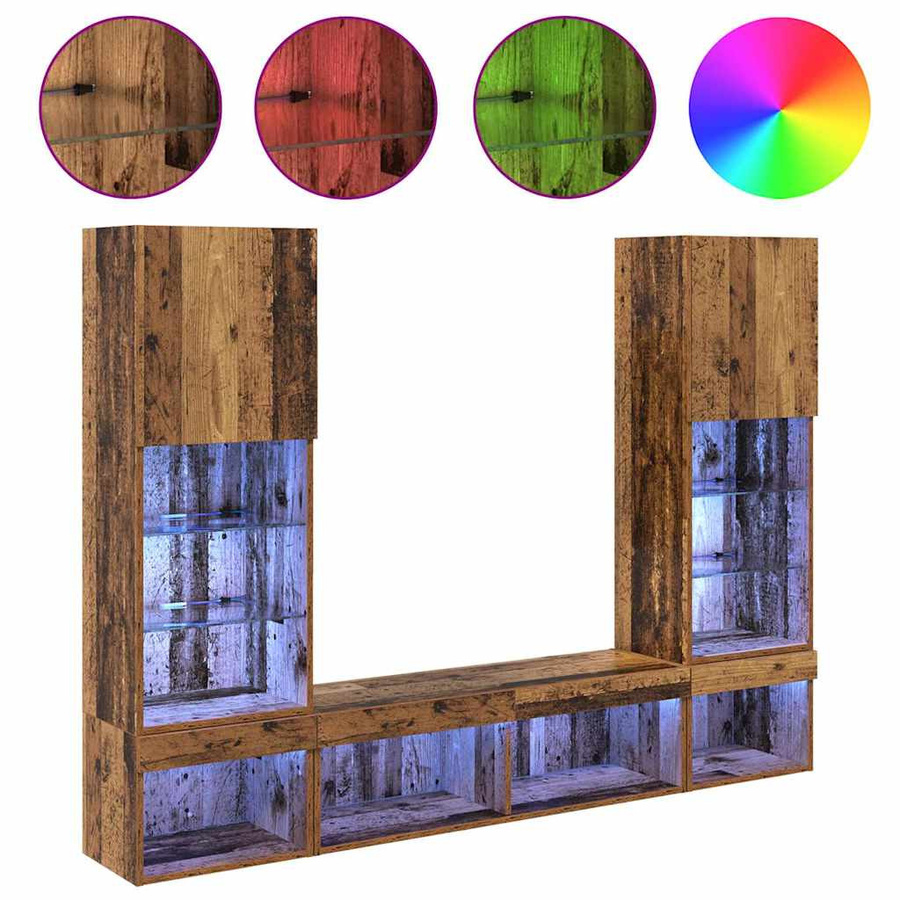vidaXL TV Wandmöbel Set mit LED-Beleuchtung in Altholz-Optik, 5-teilig, Braun - Bild 4