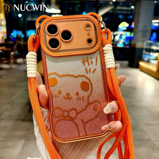 Transparente iPhone 17 Pro Max, iPhone 17 Pro und iPhone 17 Air Schutzhülle mit süßem Bären-Design und Lanyard in Orange aus stoßfestem TPU - Bild 1