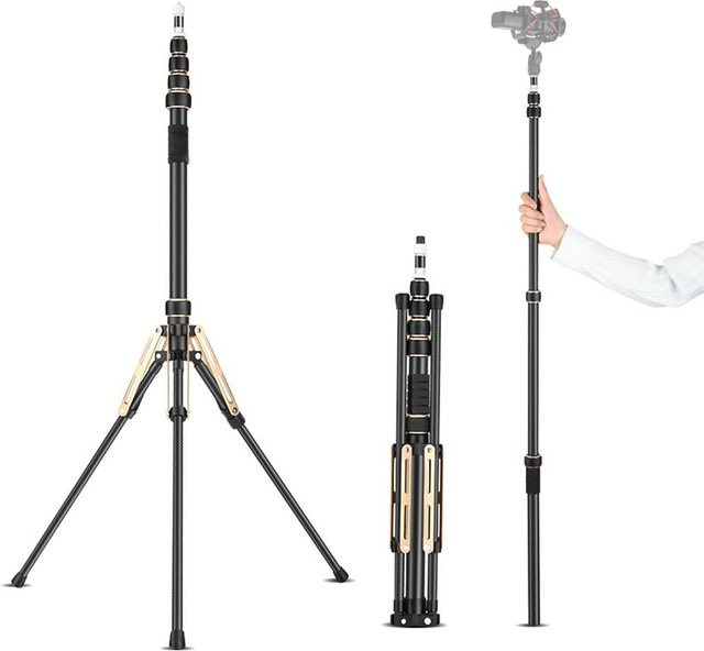 Andoer Tragbares Videolichtstativ aus Kohlefaser, 5-teilig verstellbar, Höhe: 222 cm, Traglast: 3 kg, Schwarz - Bild 1