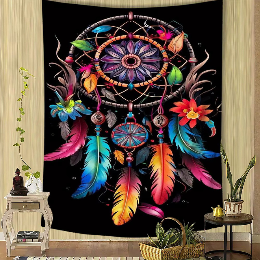 VIKAMA Vintage Traumfänger Wandteppich im Boho-Stil mit Blumen und Federn, Mehrfarbig, B/H: 60 x 40 cm - Bild 3