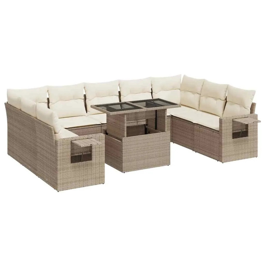 vidaXL 10-tlg. Garten-Sofagarnitur in L-Form mit Kissen und Couchtisch, Beige, Poly-Rattan mit Metallgestell - Bild 2