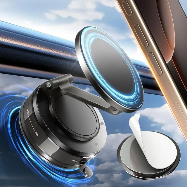 DUTRIEUX Magnetische Auto-Handyhalterung mit Vakuum-Saugnapf und Montageplatte für MagSafe, Schwarz, 360 Grad drehbar - Bild 1