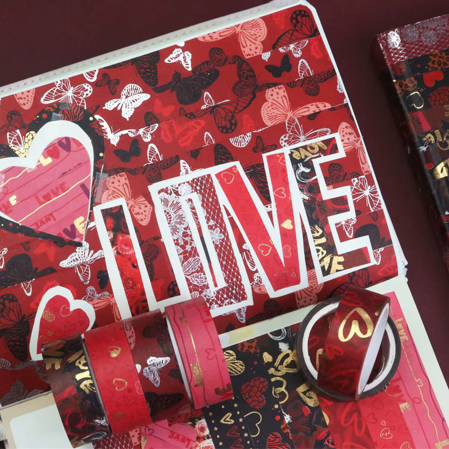 Washi Tape Set mit 9 Rollen in Gold für DIY Scrapbook und Geschenkverpackungen mit Herz- und Schmetterlingsmustern - Bild 3