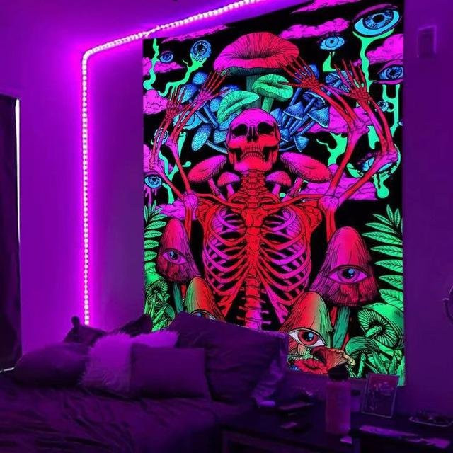 UV-reaktiver Schwarzlicht-Galaxie-Wandteppich mit Trippy-Planet- und Wasserfall-Motiv im Bohème-Stil, Breite: 230 cm, Höhe: 150 cm - Bild 1