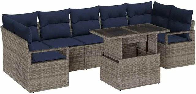 vidaXL Garten-Sofa-Set 8-teilig aus Poly-Rattan in Grau und Marineblau mit wetterfesten Polstern und pulverbeschichtetem Stahlgestell - Bild 1