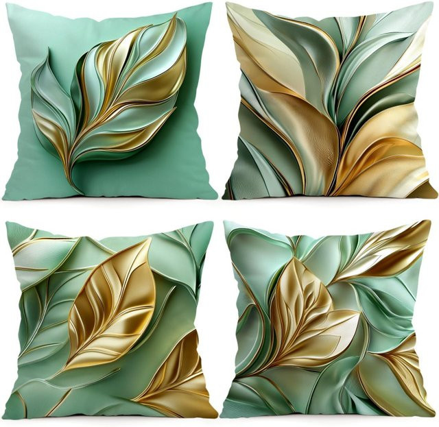 JMG Clothing Dekokissenbezug mit goldenem abstrakten Blättermuster, Farbe: Gold und Grün, B/B/H: 45 x 45 cm - Bild 1