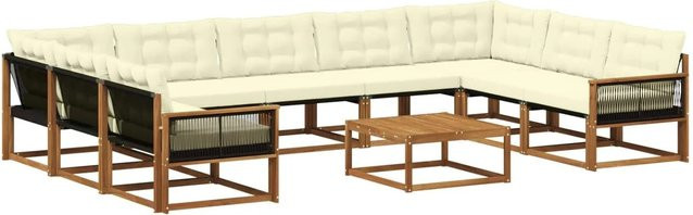 vidaXL Outdoor-Sofagarnitur in U-Form aus massivem Akazienholz mit 10 Textilene-Kissen in Natur und Creme - Bild 1