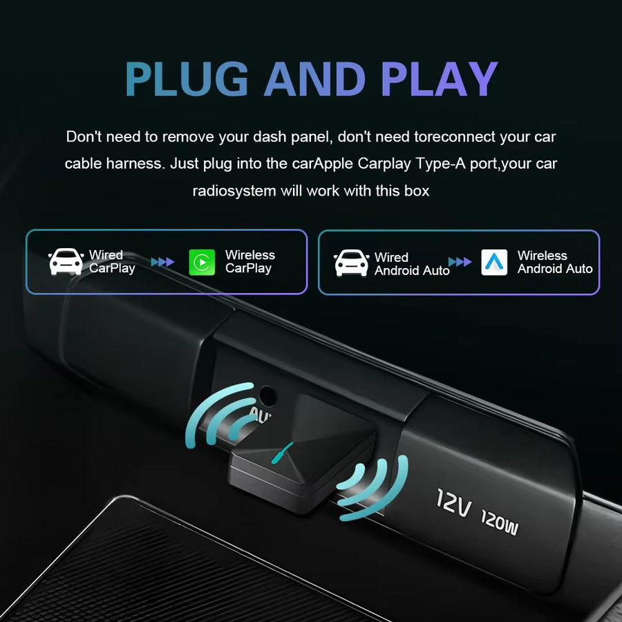 Icreative Drahtloser Carplay Adapter und Android Auto Dongle mit OTA für Hyundai Kia Mazda Mini und Smart, kompatibel mit kabelgebundenem CP/AA, in Schwarz oder Grau - Bild 3