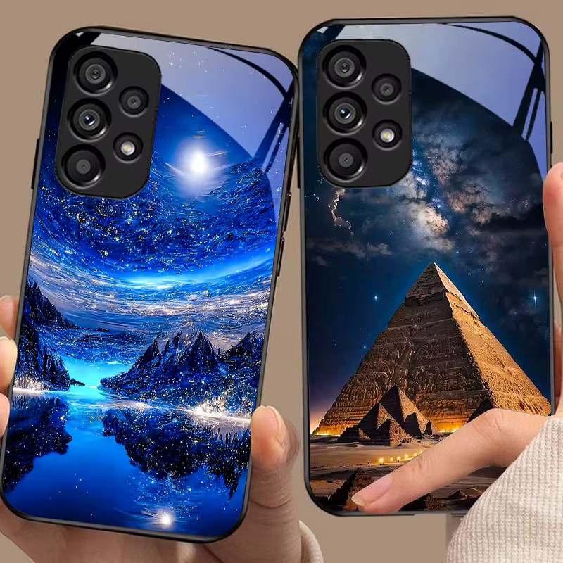 Samsung Galaxy S10 bis S25 Ultra Handyhülle Pyramide Sternenhimmel in Schwarz mit gehärtetem Glas und Hartschale - Bild 1