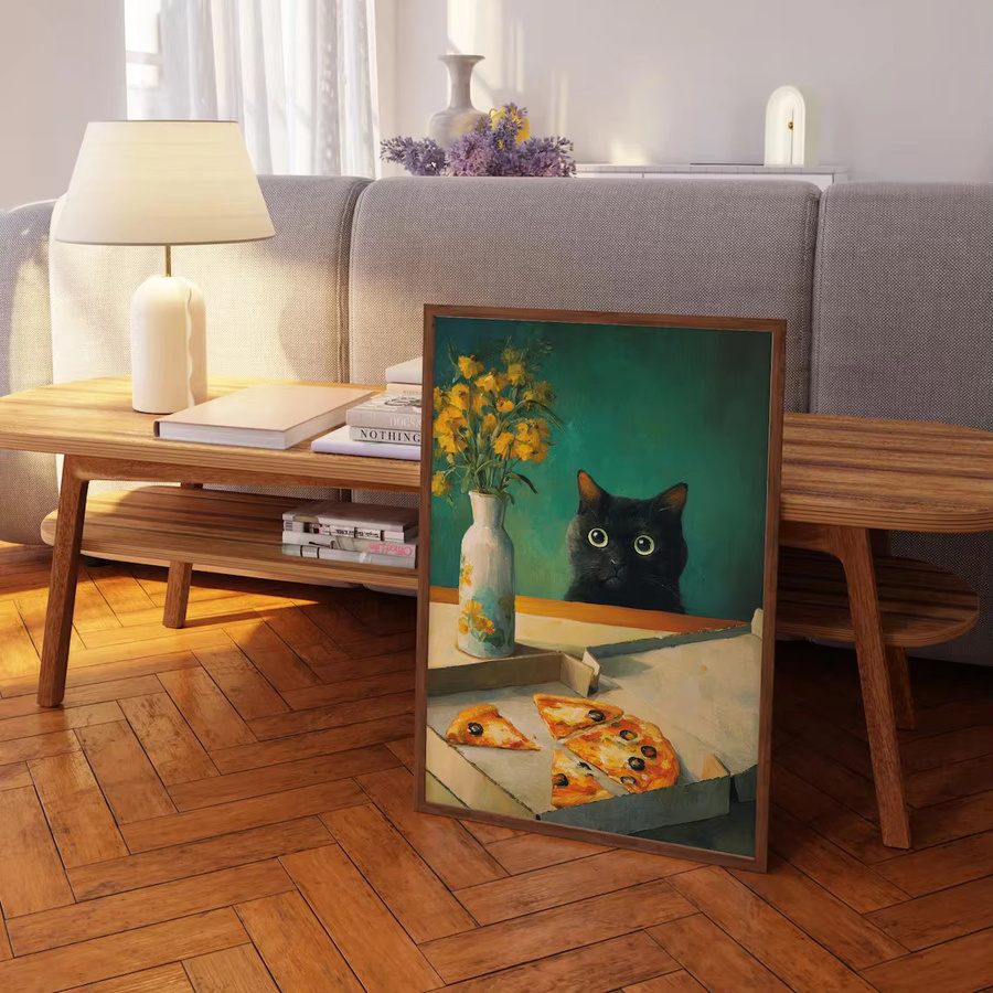 Wandkunst von SHENCHEN mit Katze und Pizza in Blaugrün und Goldgelb auf Papier - Bild 3