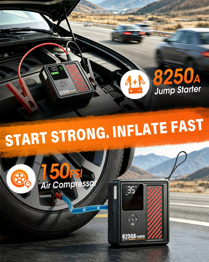 AdoreTrip Auto-Starthilfegerät 8250A Powerbank mit integriertem Luftkompressor 150PSI Reifenfüller in Schwarz - Bild 2