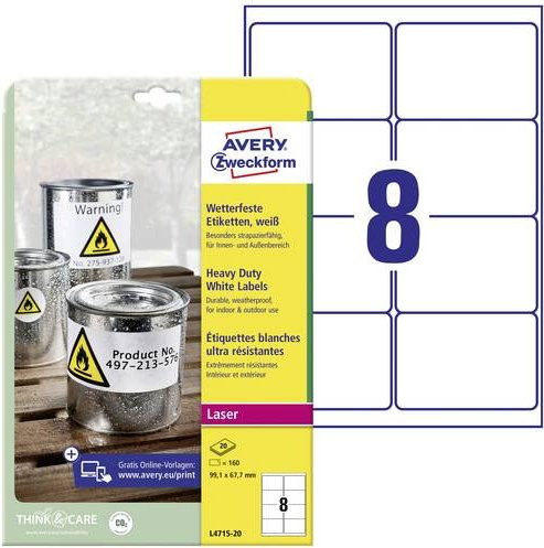 Avery Zweckform L4715-20 Folien-Etiketten für Laserprinter, weiß, Polyester, 160 Stück, B: 67,7 mm x H: 99,1 mm - Bild 1