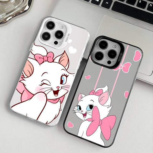 Apple iPhone 11–16 Handyhülle mit rosa Cartoon-Mary-Katzen-Design, farbwechselnd und transparent aus TPU - Bild 1