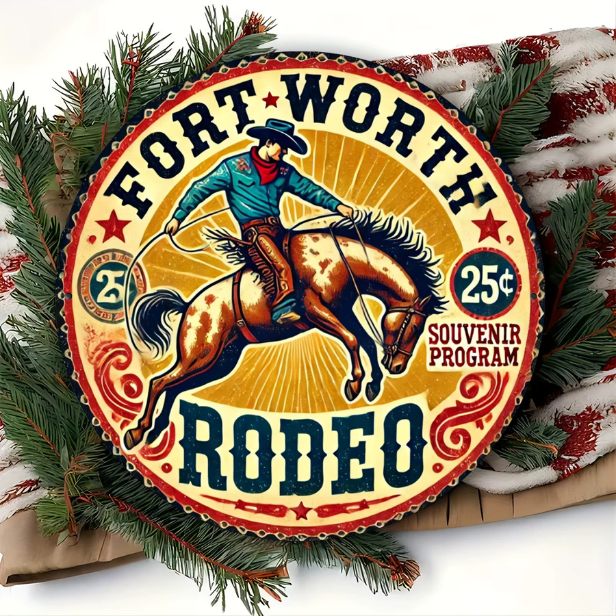 Potdemiel Vintage Fort Worth Rodeo Rundes Metallschild mit Cowboy- und Pferdedesign, Durchmesser: 20,3 cm, Mehrfarbig - Bild 3