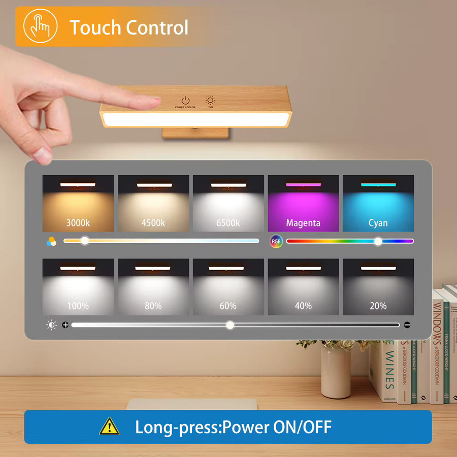 Yilaie RGBCW Wandleuchter aus massivem Naturholz in Braun, wiederaufladbare LED-Nachttischlampe mit Touch-Funktion und Fernbedienung - Bild 5