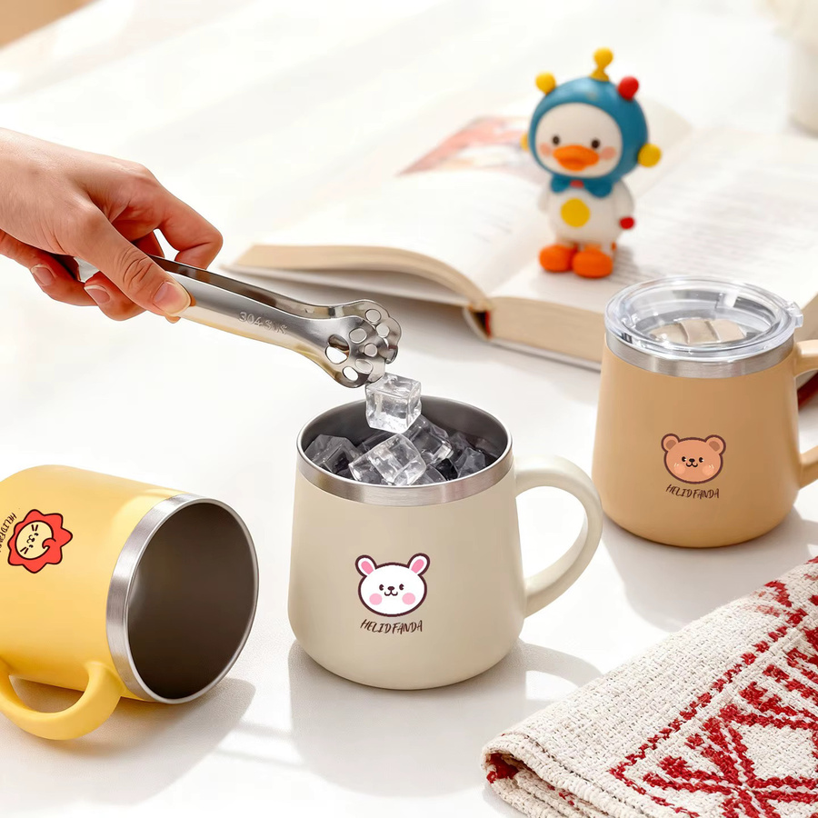 WORTHBUY Cartoon Thermobecher aus 316 Edelstahl mit Griff, doppelwandig isolierter Kaffeebecher, 430 ml, Gelb und Beige - Bild 4