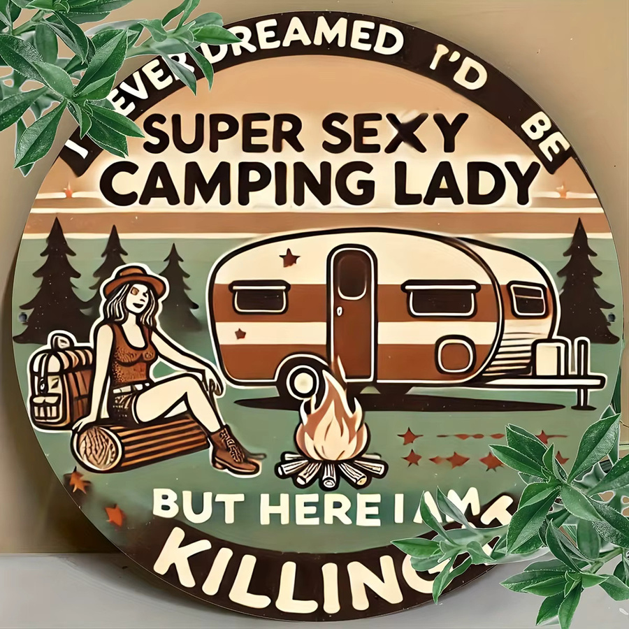 Potdemiel Vintage-Aluminiumschild Super Sexy Camping Lady, Mehrfarbig, Breite: 19,81 cm, Höhe: 19,81 cm - Bild 4