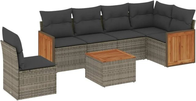 vidaXL 7-teilige Garten-Sofagarnitur in L-Form aus Polyrattan und Akazienholz mit Kissen in Grau - Bild 1