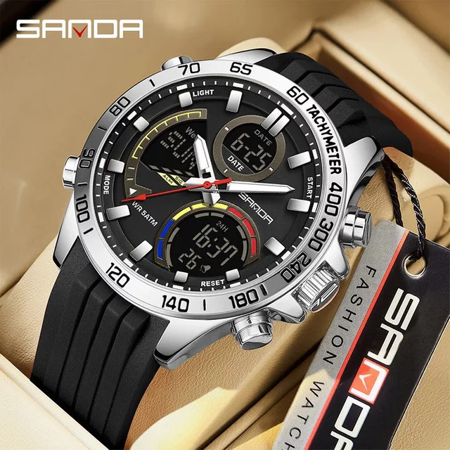 SANDA Armbanduhr, Analog-Digital, Quarz, Schwarz, Silber, Silikon, Herren - Bild 1