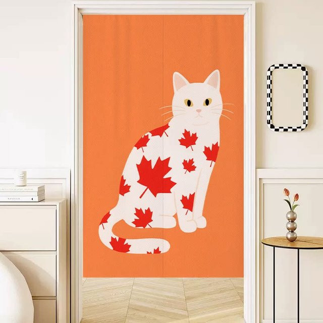 VIKAMA Minimalistischer Türvorhang mit Katzenmuster in Orange, Sichtschutz für Küche und Badezimmer, B: 90,0 cm, H: 65,0 cm - Bild 1