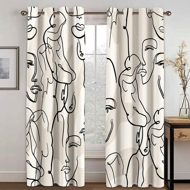 Yiran Furniture Set aus 2 semi-transparenten Vorhängen mit abstraktem Gesichtsmotiv in modernem Design, Breite: 98 cm, Höhe: 202 cm - Bild 1