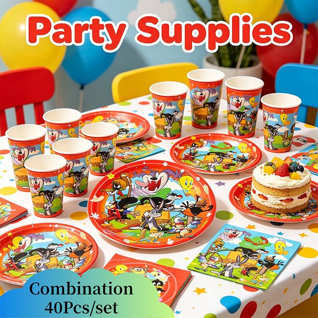 Warner Bros. Looney Tunes Party-Set mit Einweg-Servietten, Papptellern und Bechern in Multicolor - Bild 1