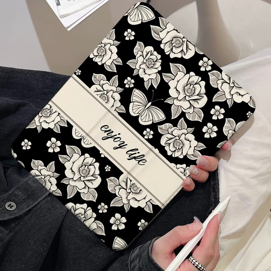 Schwarz-weiße Tischhülle mit Rosenmuster für Apple iPad Modelle in den Größen 9,7 Zoll bis 13 Zoll - Bild 2