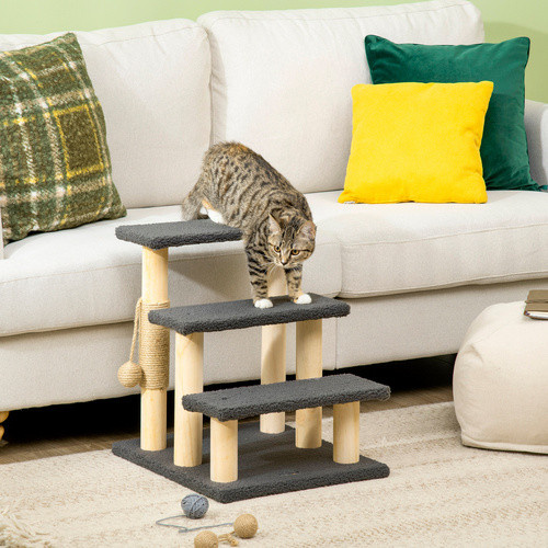 PawHut Katzentreppe 3-stufig aus Kiefernholz in Grau mit integriertem Spielzeug und Teddystoff, H x B x T: 48 x 45 x 40 cm - Bild 5