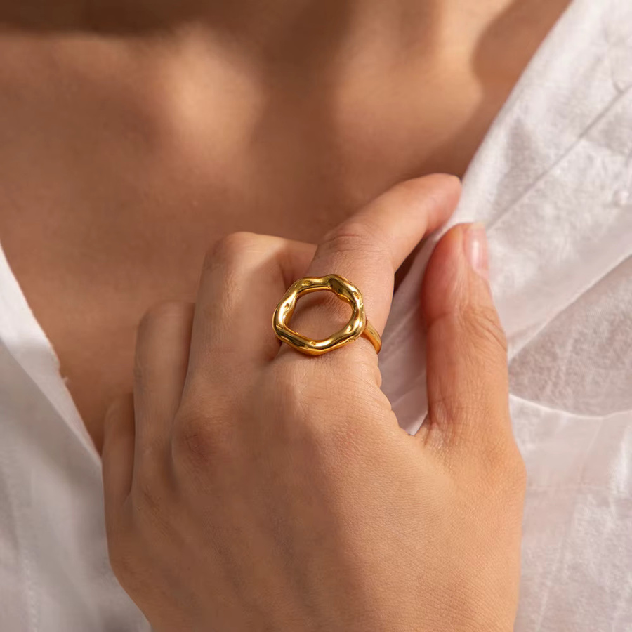 amofa Ring Edelstahl, Gold, Unregelmäßiger Kreis, Damen, Vintage - Bild 2
