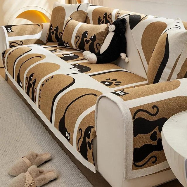 Cartoon Chenille Sofaüberwurf mit Kissen in Beige, Universal Sofaabdeckung für alle Jahreszeiten, Maße Kissen: 70 x 70 cm - Bild 1