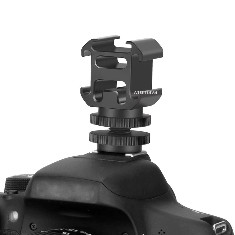 Wrumava Triple Cold Shoe Adapter aus Aluminium in Schwarz für Kamera, LED-Monitore und Mikrofone - Bild 2