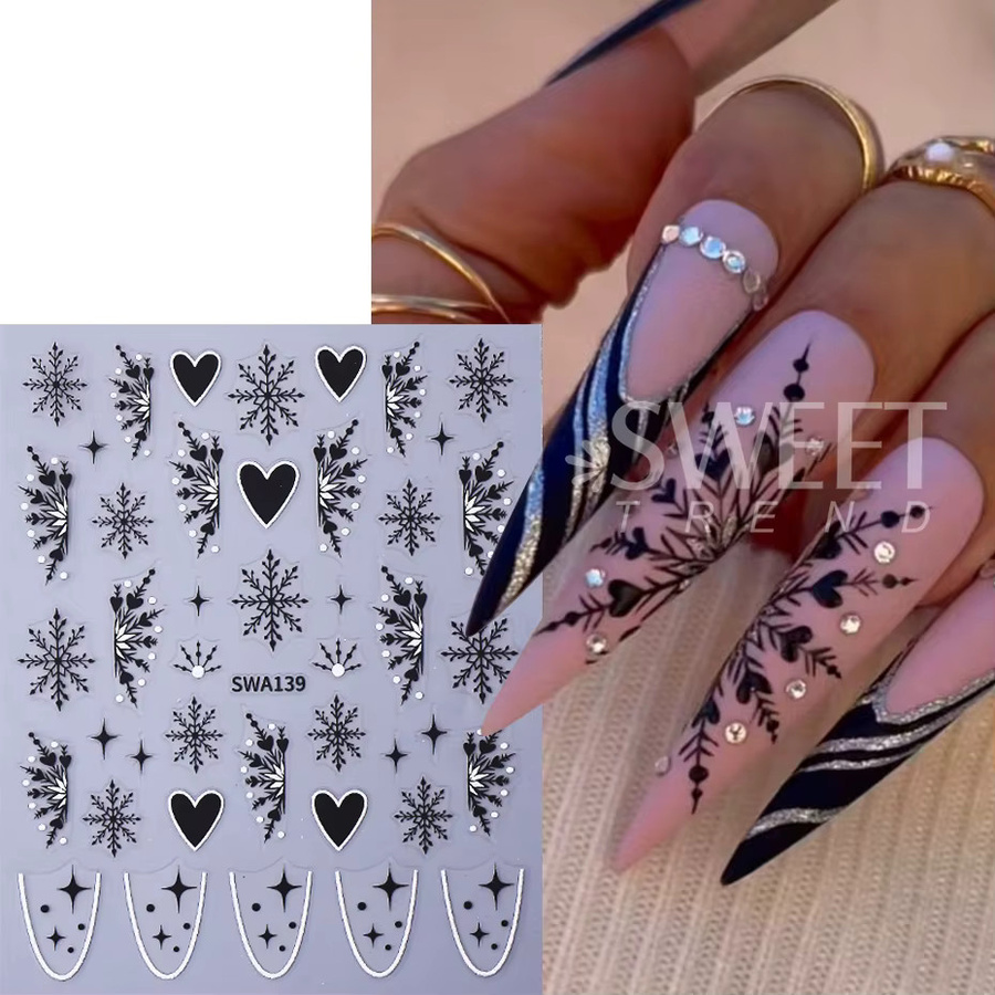 SWEET TREND Nagel Aufkleber, Schwarz Weiß, 3D Schneeflocke, Herz, Stern, Matt - Bild 2