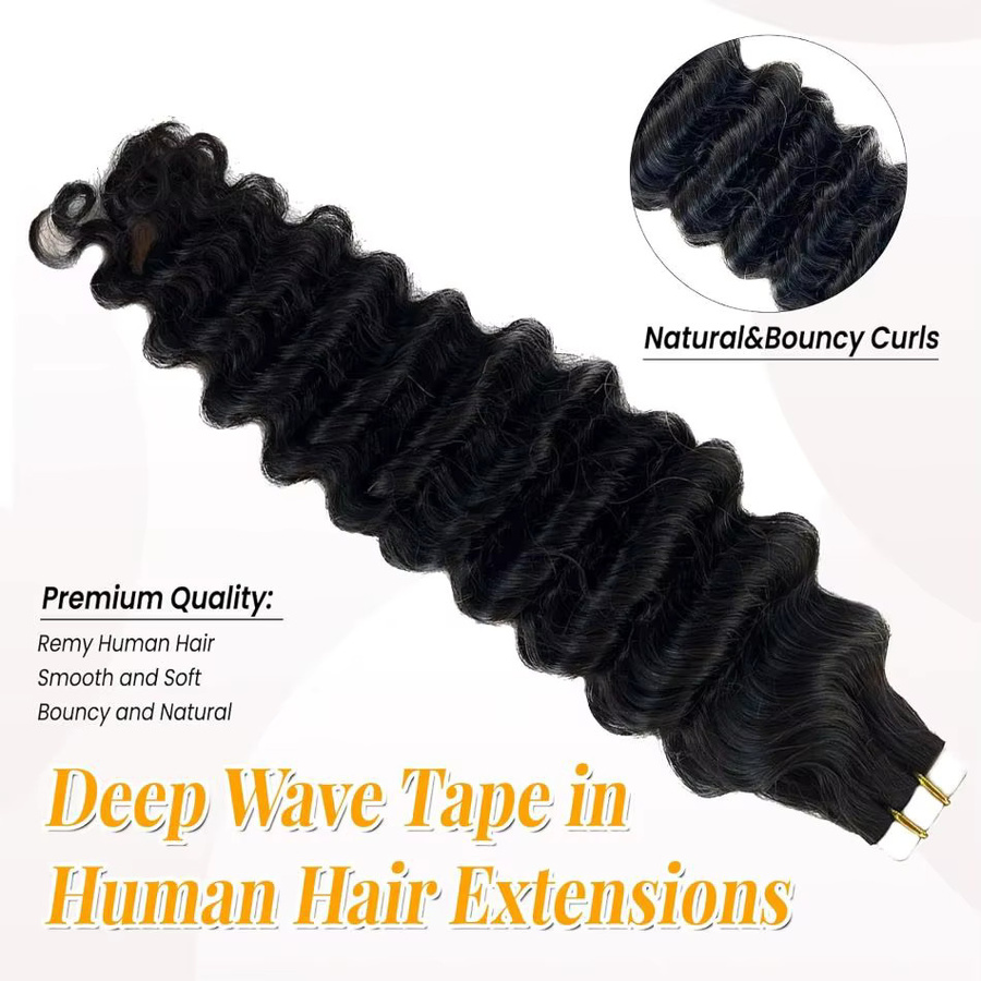 xbeauty Deep Wave Tape In Extensions, 100 % Echthaar, Deep Curly, 1B - Bild 3