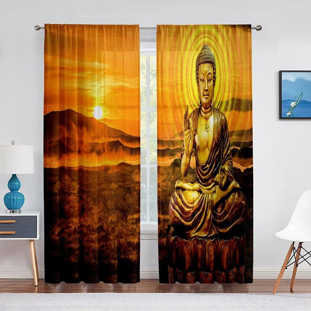 Yiran Furniture Transparenter Tüll-Vorhang mit Buddha-Motiv in Gold und Orange, 2er-Set, Breite: 65 cm, Höhe: 60 cm - Bild 1