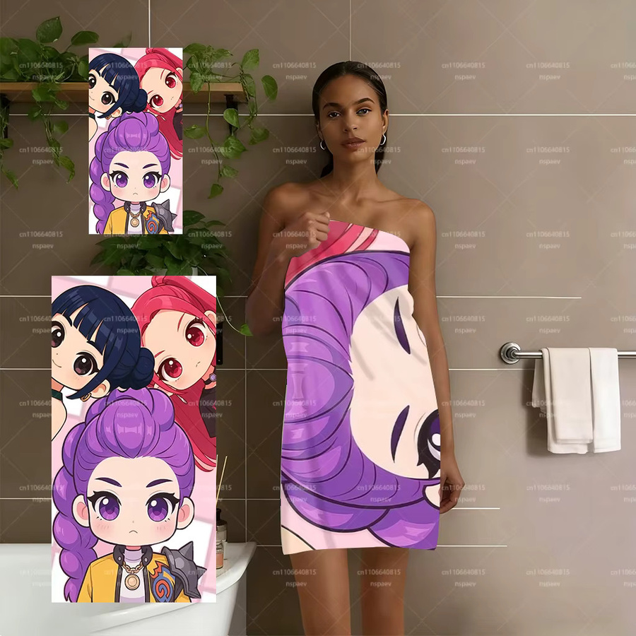 Potdemiel K-Pop Girl Group Chibi Strandtuch aus Mikrofaser, schnelltrocknendes Badetuch mit Anime-Cartoon-Druck, Mehrfarbig - Bild 4