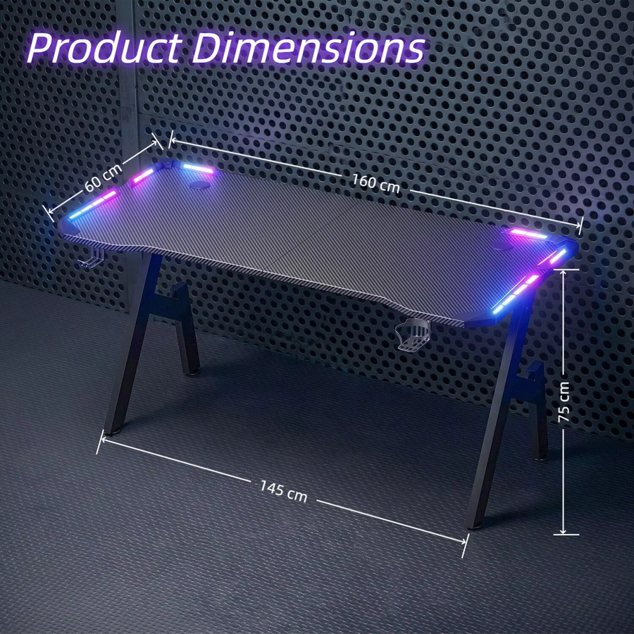 FRODROVIA RGB LED Gaming-Schreibtisch mit App-gesteuerter Beleuchtung, ergonomischer gebogener Computertisch mit Carbonfaser-Oberfläche und stabilem X-Rahmen aus Metall in Schwarz - Bild 3
