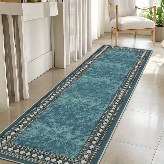 VIKAMA Retro Teppich in Blau, rutschfest und verschleißfest, ideal für Flur, Küche oder Schlafzimmer - Bild 1