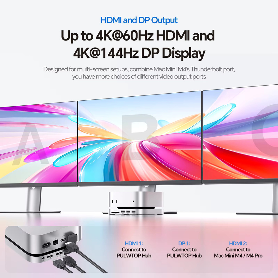 PULWTOP Mac Mini M4 Dock-Ständer in Silber mit DisplayPort 4K 144 Hz, HDMI 4K60 und NVMe SSD-Gehäuse für Mac Mini M4 Pro - Bild 2
