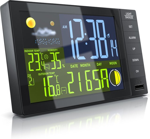 BEARWARE Funkwetterstation mit Außensensor und Farbdisplay in Schwarz, inklusive Thermometer und Hygrometer sowie DCF-Signal Funkuhr - Bild 1