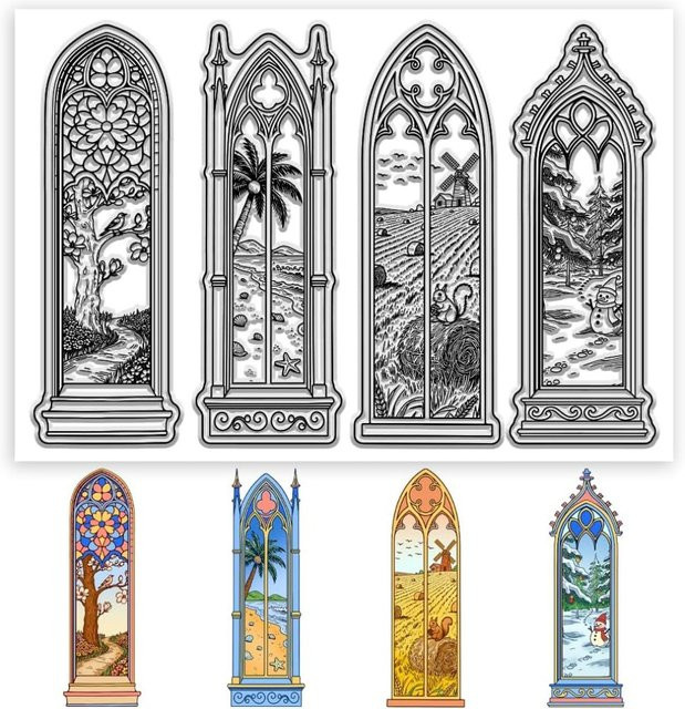 Four Seasons Transparente Stempel mit Gothic Window Landschaftsmuster für Karten und Bastelarbeiten, Mehrfarbig - Bild 1