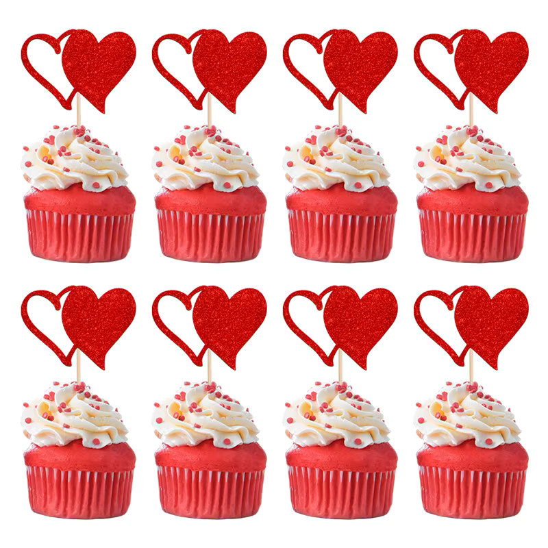 YOMDID 24 Stück glitzernde Cupcake-Topper in Rot für Valentinstag, Hochzeiten und Partys - Bild 5
